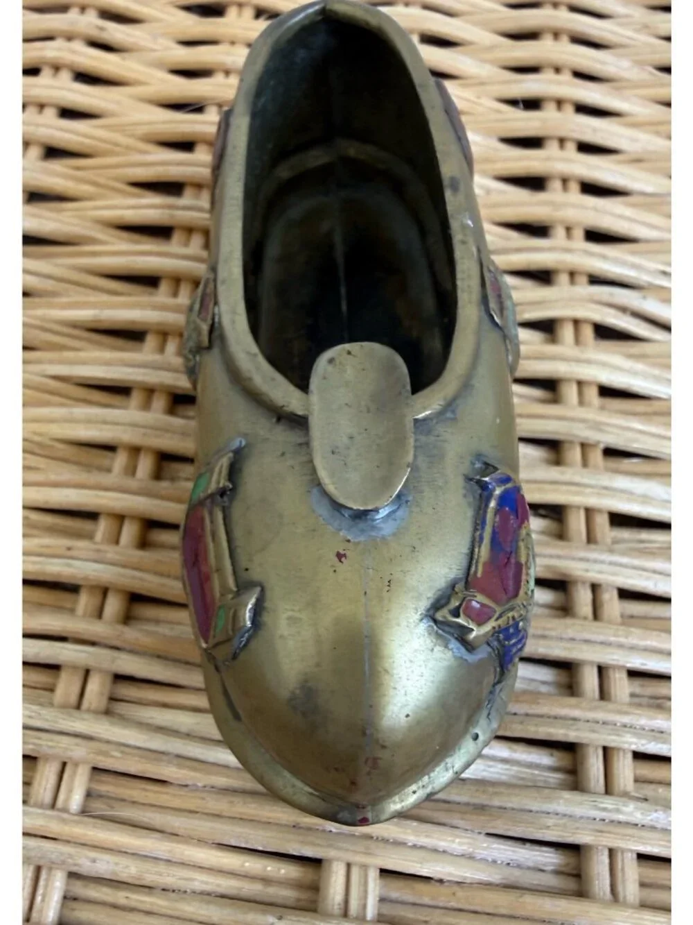 Vintage 1930s Chinese Slipper Shoe AshTray Pottery & brass with enamel